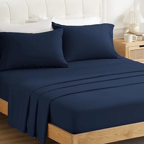 Juego de sábanas para cama individual, color azul marino 1800, microfibra cepillada súper suave, 3 piezas, sábanas y fundas de almohada con sábana