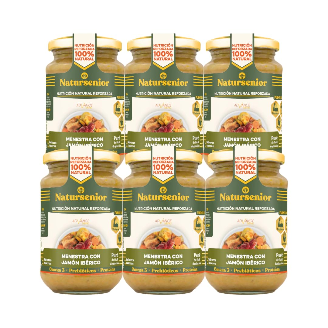 Natursenior - Comida Triturada para Personas Mayores - Pack Puré Menestra con Jamón Ibérico - 100% Natural, Omega 3, Fibra, Proteína - 6 uds x 340g