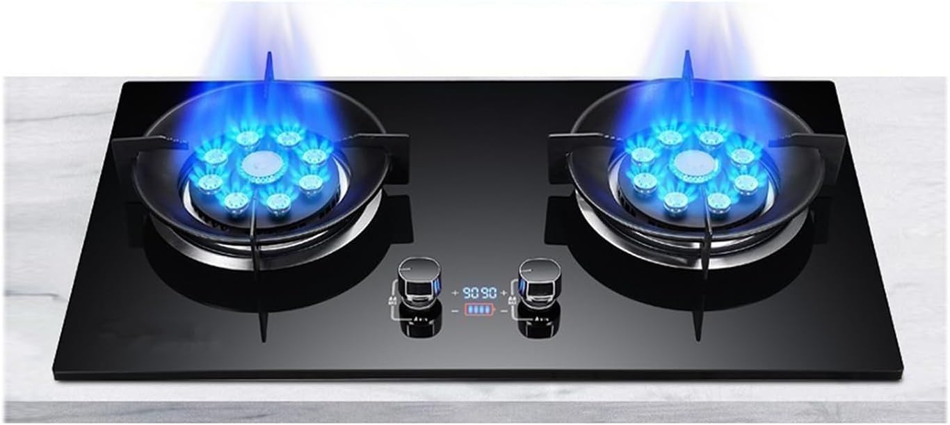 Double Burner Gas Stove,10KW 9-cavity High-Efficiency Cooktop,Tempered Glass Cast Iron Pot Rack,with Flame Failure Protection and Timer(LPG)