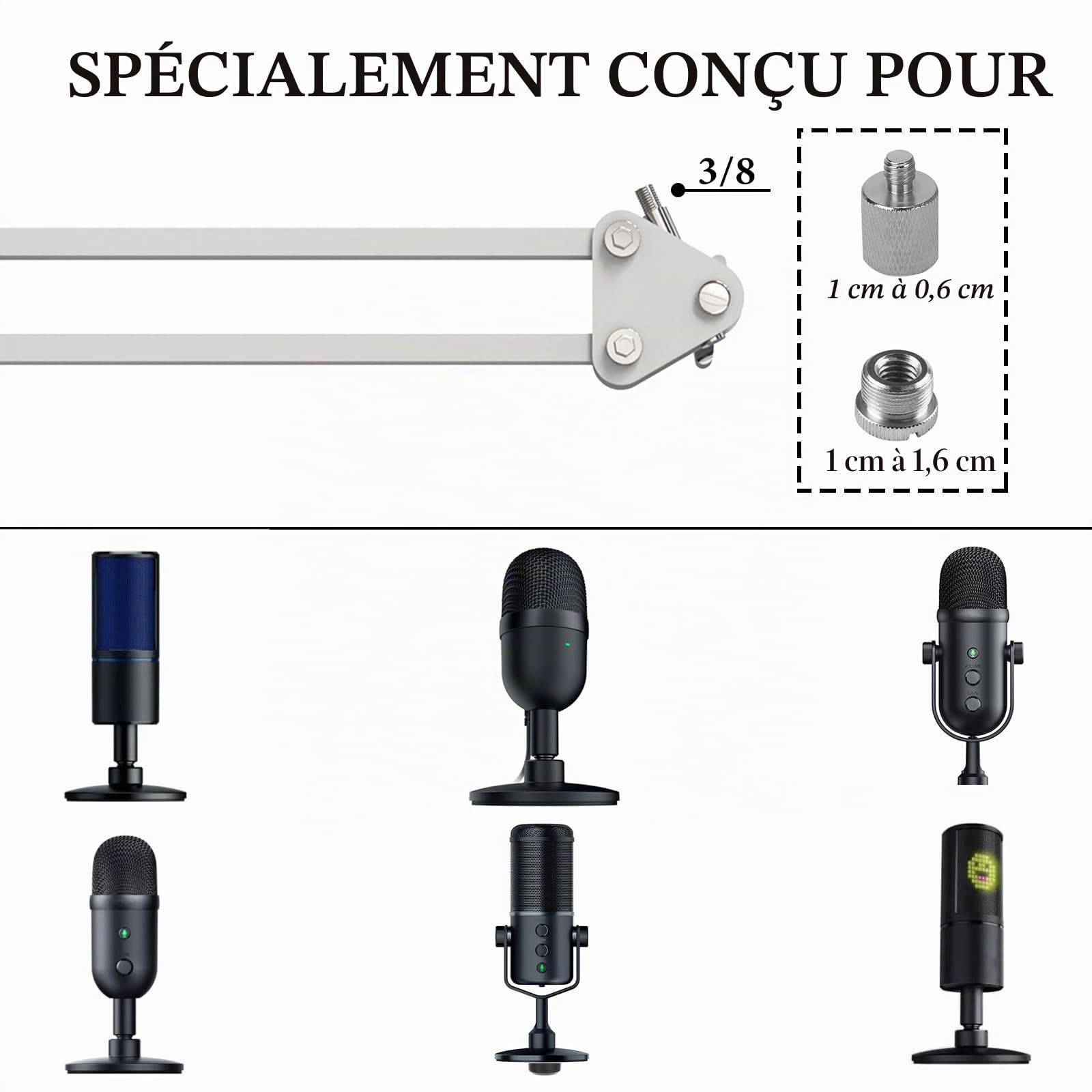 Geekria pour créateurs Bras de Micro Compatible avec Razer Seiren V3 Chroma, V3 Mini, X Bras Boom Micro avec Support à Bride pour Table, Support Suspendu, Support de Bureau (Blanc)