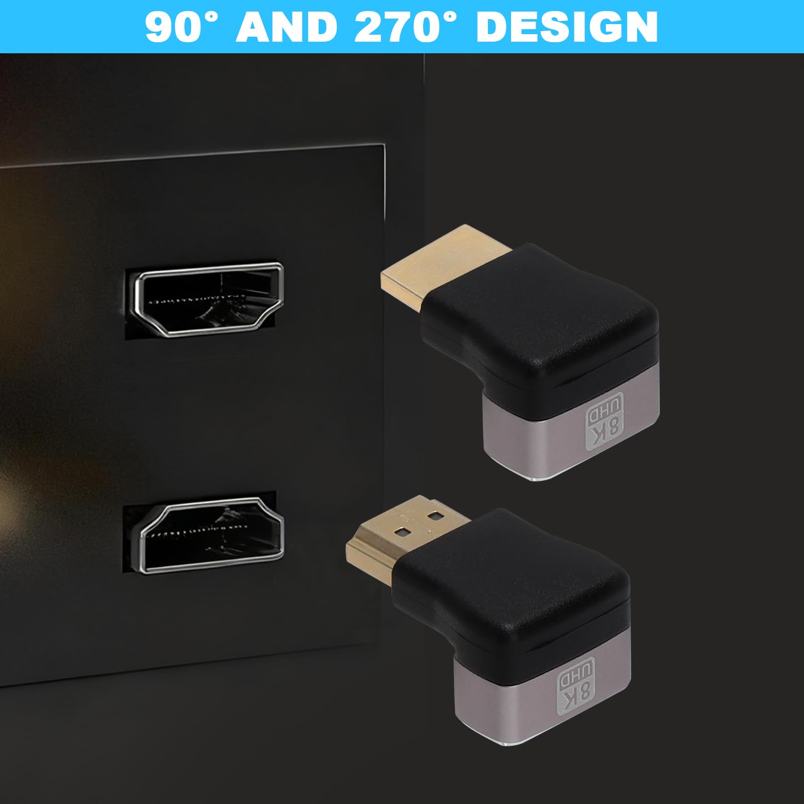 Adapter HDMI 8K 2 sztuki Ultra HD dwukierunkowy 90° i 270° kątowy wtyk kątowy HDMI na gniazdo 8K 60 Hz 4K 120 Hz 2.1 adapter kątowy HDR VRR Dolby eARC 3D 48 Gbps do PS5, Xbox, TV, PC, projektora