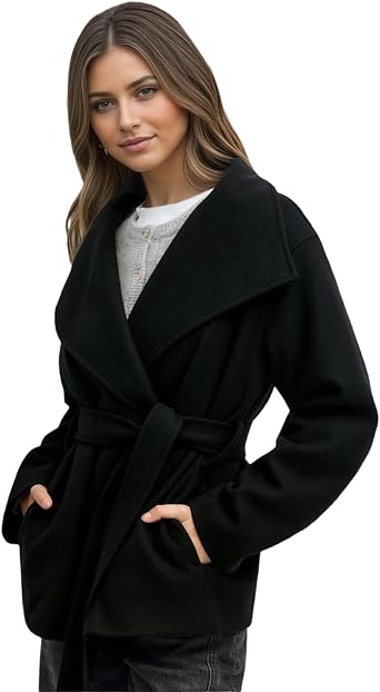 Womens Classic Shawl Lapel Pea Coat Fall Winter Elegant Trendy Wrap Wool Jackets Belted Trench Outwear Overcoat