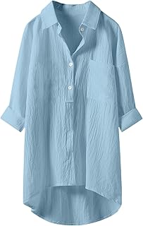Angxiwan Button Down Shirts for Women UK Lightweight Linen Cotton Blouse with Pocket Casual Loose Fit Long Sleeve Tunic Tops Oversized Solid Color Tee Shirt Jacket for Daily Vacation Office.
