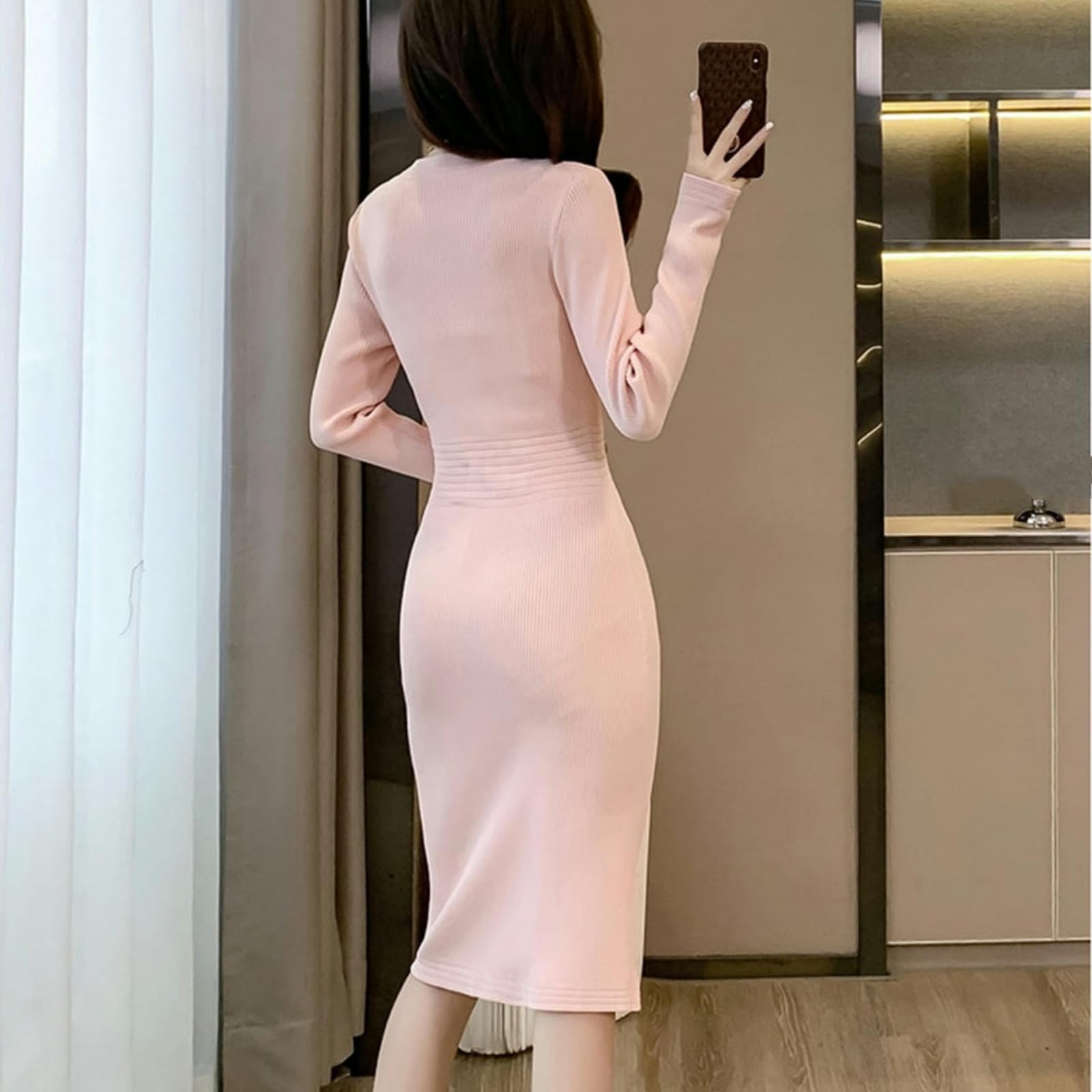 Vestito Donna Autunno Abito Autunnale da Donna in Maglia con Scollo A V, Gonna Aderente sui Fianchi, Gonna Maglione A Vita Alta con Bottoni-Nero-m