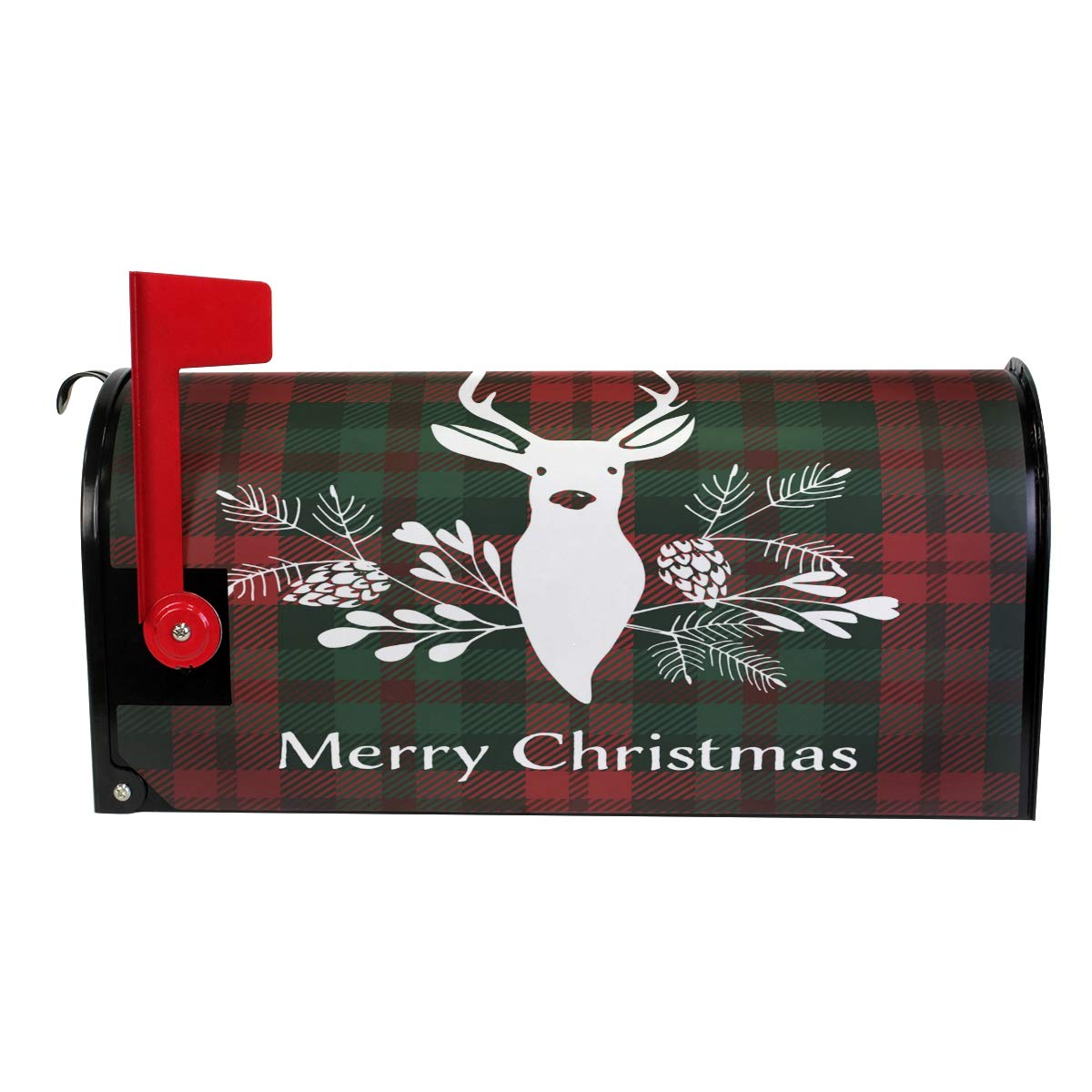 WOOR Merry Christmas Deer Tartan Red and Green Plaid Buffalo Check Magnetic Mailbox Cover MailWraps Garden Yard Home Decor for Outside Standard Size-18