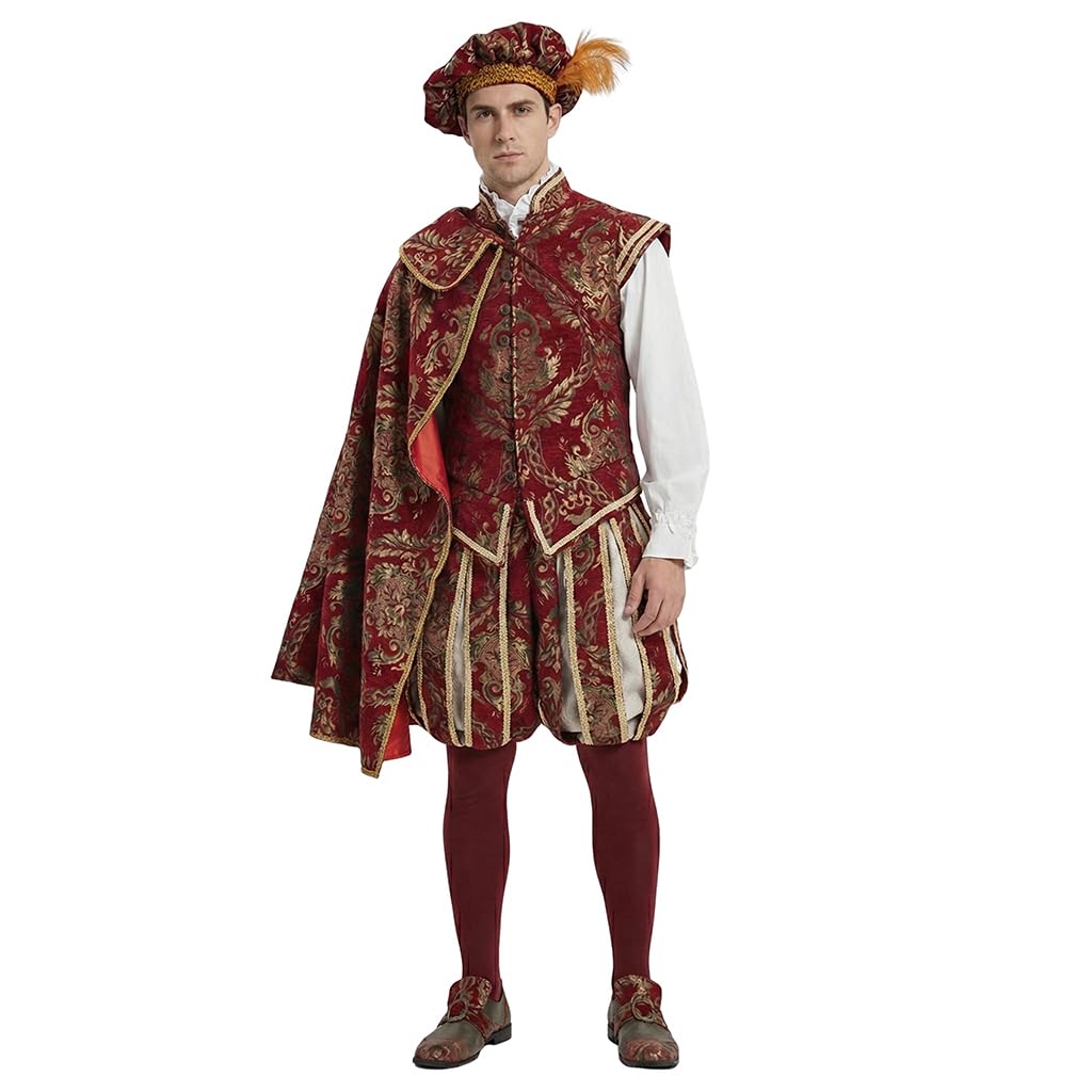 Diajosa cos Men's Tudor Elizabethan Period Costume Renaissance Tudor Nobleman Prince King Costume Lord Suit (Red, XL)
