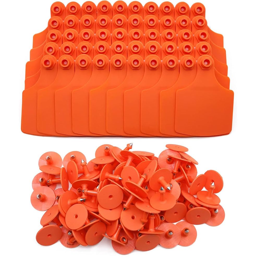 Plastikowa zawieszka do uszu dla zwierząt gospodarskich, puste zawieszki do uszu dla zwierząt gospodarskich, wielokolorowe, 6 x 7,5 cm, opakowanie 100 szt. (pomarańczowe, 100 szt.)