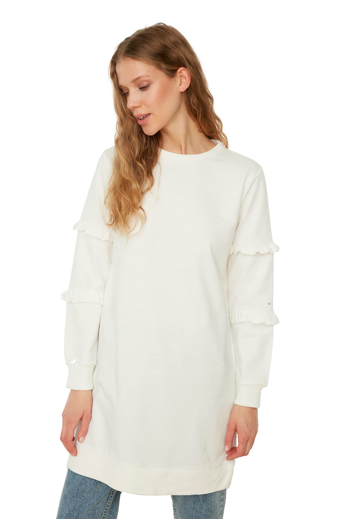Trendyol Women Design Regular Basic Crew neck Woven Modest Tunics Ecru