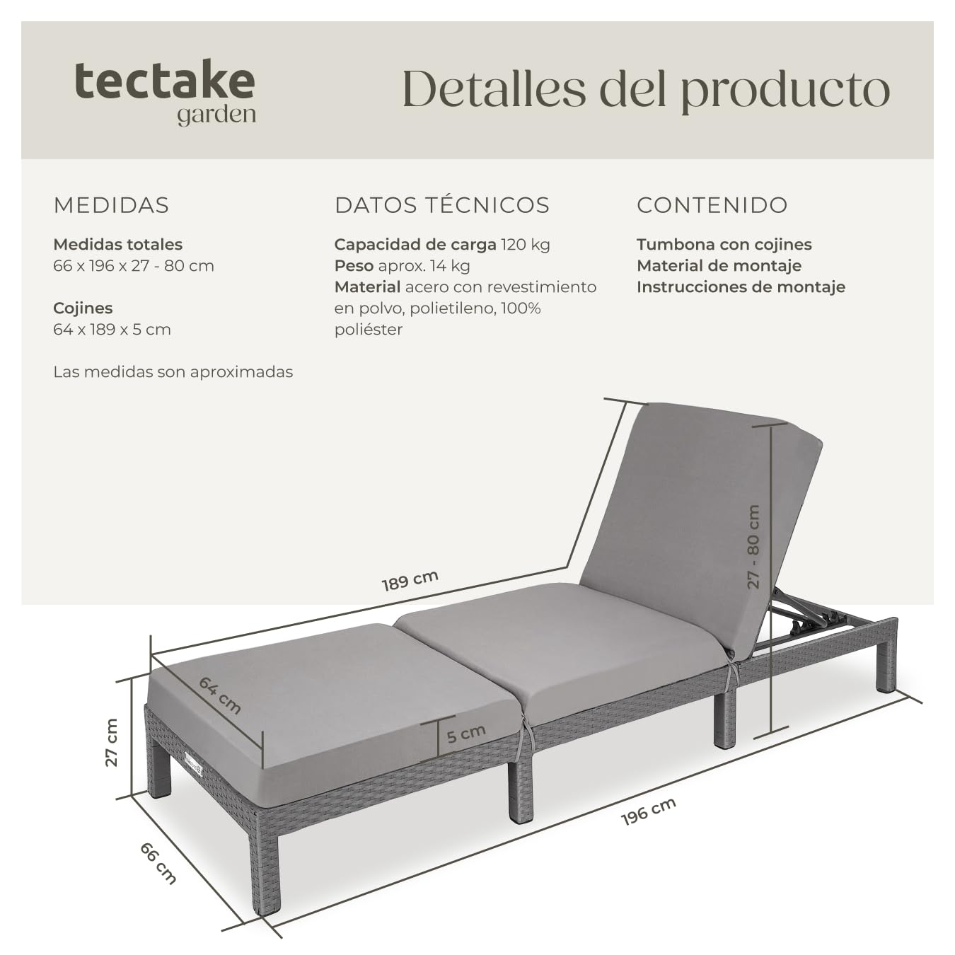 tectake® Tumbona Jardín Exterior de Ratán y Acero con Cojines, Tumbona de Piscina con Respaldo Regulable en 6 Posiciones, Tumbona de Playa Estable y Resistente a Intemperie, Fácil Limpieza - Gris