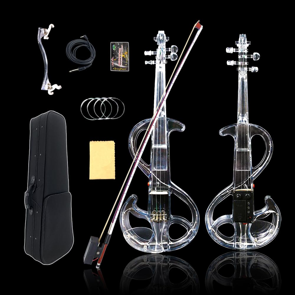 Violino Trasparente Violino Elettrico in Acrilico 4/4 Kit Violino Full Size con Archetto LED, mentoniera, spalliera, Cavo e Custodia #EV6 (EV6) (EV6)