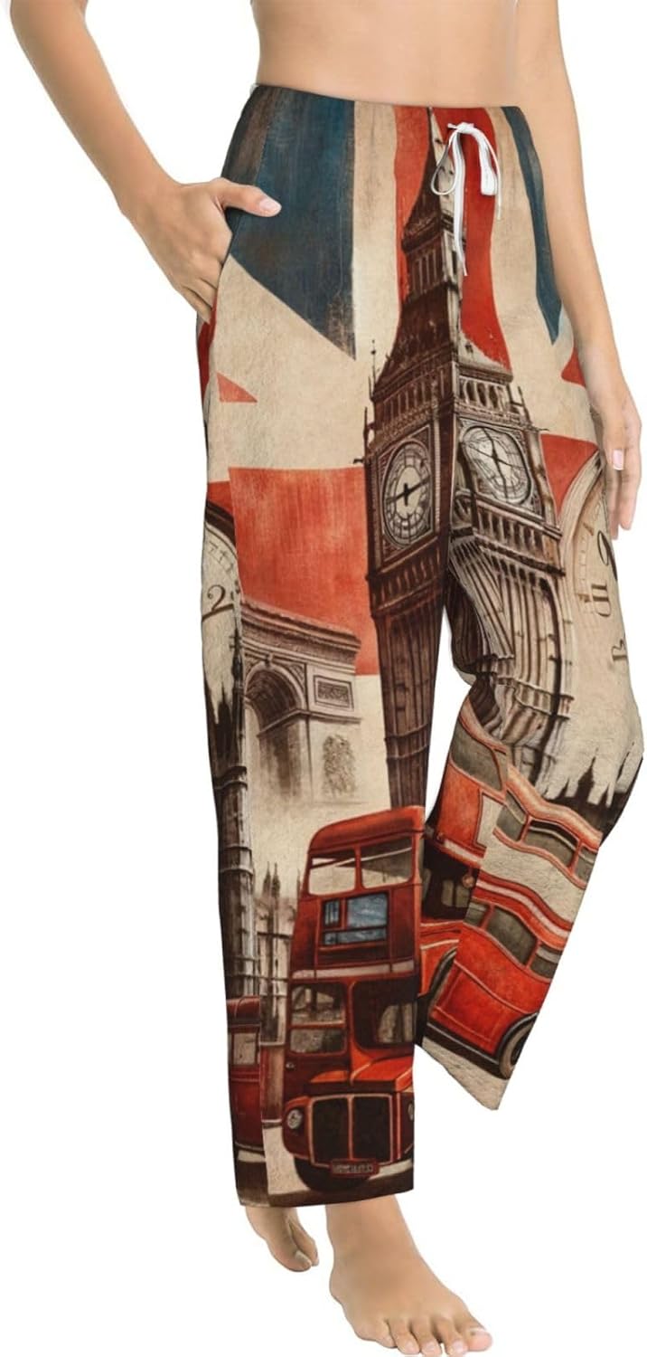 Women'S Collage-Icons-Of-London Fleece Pajama Pants, Cozy Flannel Lounge Bottoms For Women