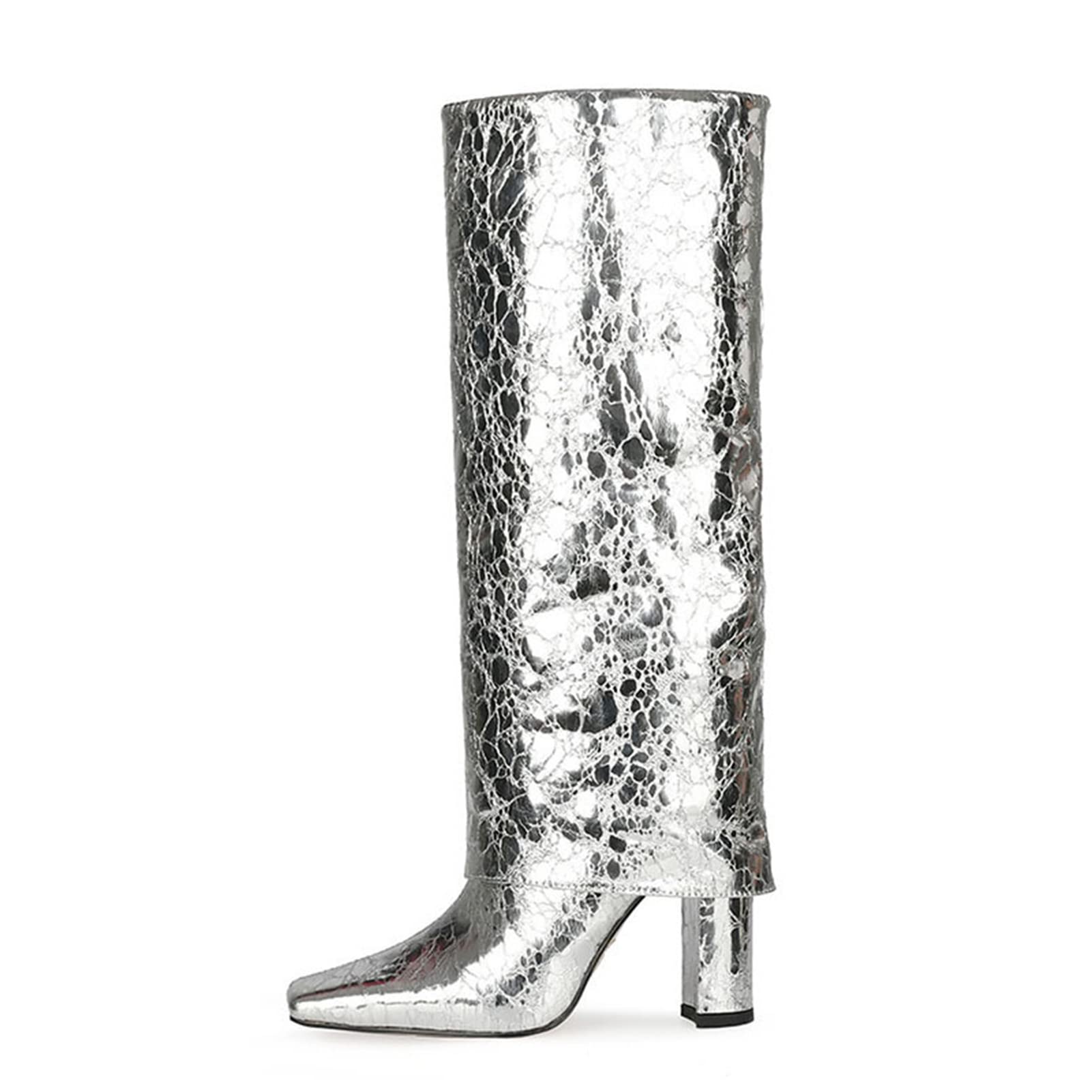 KSTORE Chunky Heel Slip-On High Boots Fashion Women's Square Head Long Tube Boots Faux PU Silver Women's Winter Casual Boots