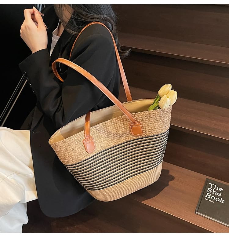 MINGRI Straw Bags for Women 2025 Travel Straw Tote Bag,Summer Beach Purses Woven Shoulder Hobo Handbag2