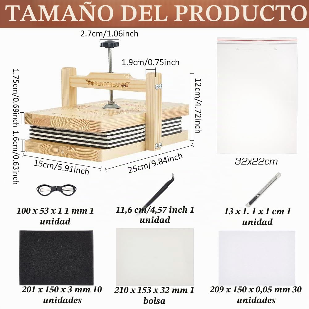 BENECREAT Kit de Prensa de Flores, Tablero de Madera para Prensar Flores Rectangular de 6 Capa Y 24.9x15cm con Bolsa de Papel Secante Y Herramientas de Corte, Juego de Herramientas para Secar Plantas
