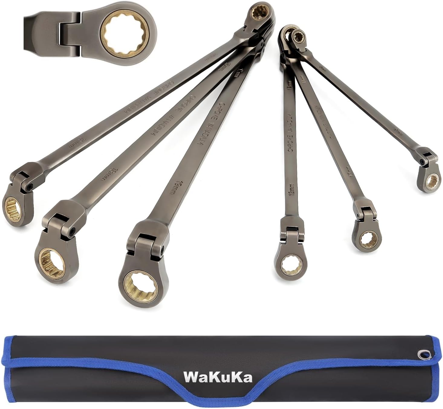 6-Piece Extra Long Flex-Head Ratcheting Wrench Set,Combination Wrench Set 72-Teeth, SAE 5/16" to 3/4", Cr-V Constructed, with Roll Up Pouch