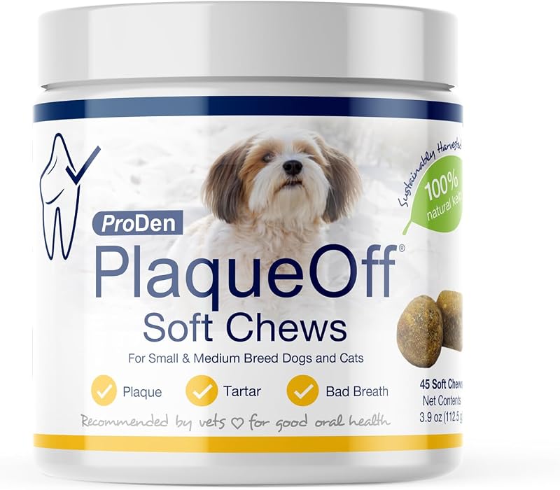 Suplemento Dental em Mastigáveis Macios com Alga Marinha ProDen PlaqueOff para Cães Pequenos, Médios e Gatos — 45 Unidades