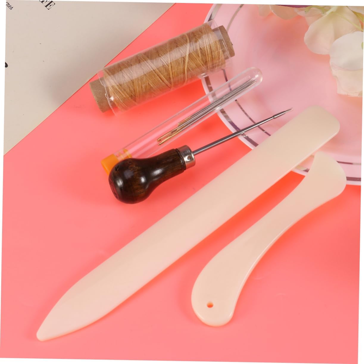 AKOOSY 10PCS Waxed Linen Thread Bookbinding Tools Set Wood Handle Awl and Large-Eye Needles for Handmade Books for DIY Bookbinding and Sewing Supplies