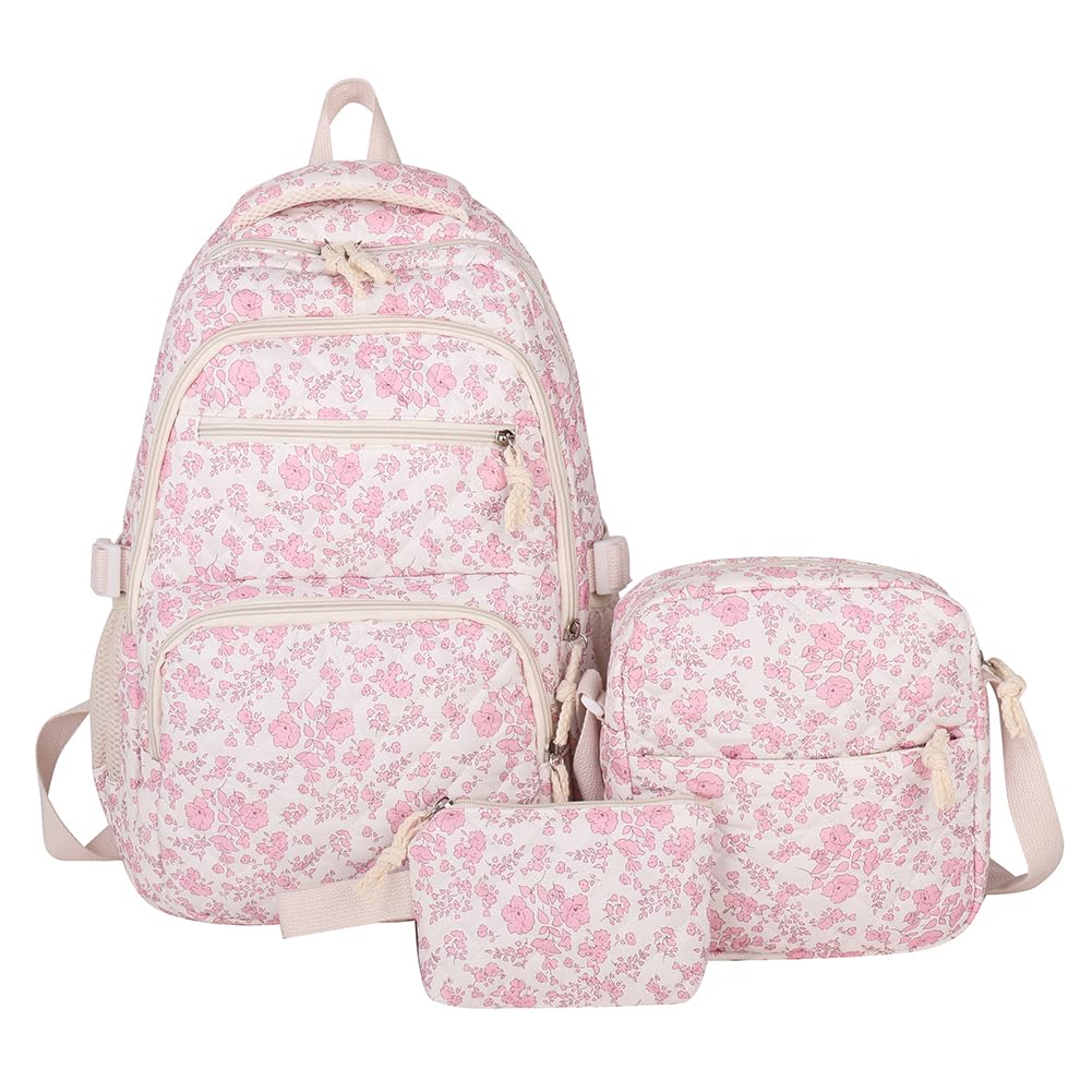 GETERUUV Coquette Floral Backpack Cute Preppy Backpacks for Women Aesthetic Quilted Backpacks Cute Kawaii Backpack Set