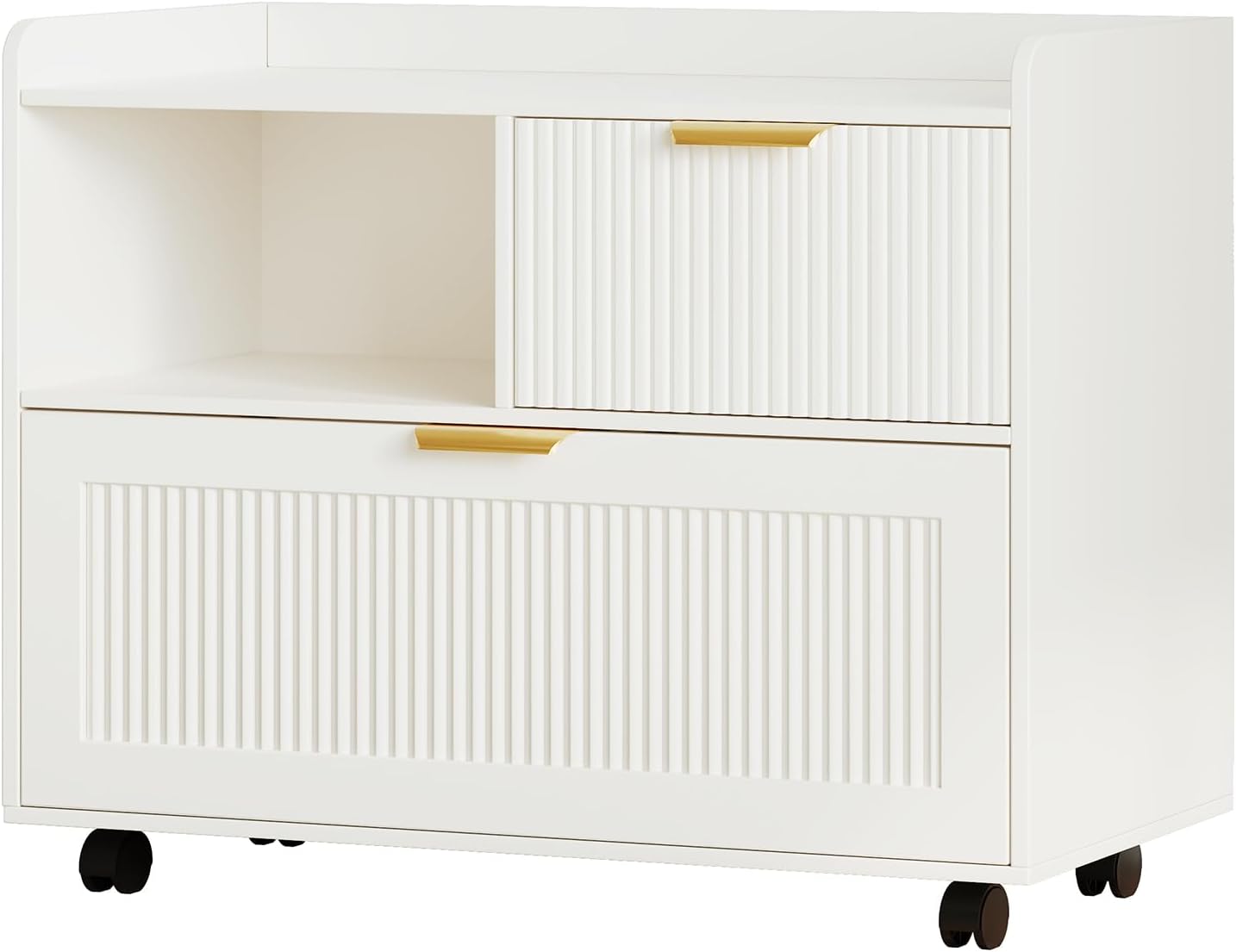 Lateral File Cabinet with Charging Station, White Wooden Office Cabinet with Drawers, Rolling Printer Stand with Storage, File Cabinets for Home Office, Accommodates A4/Letter/Legal Files