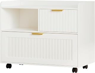 Lateral File Cabinet with Fluted Drawers, White Wooden Office Cabinet with Storage, Rolling Printer Stand with Drawers, Mobile File Cabinet for Home Office, Fits A4/Letter/Legal Files