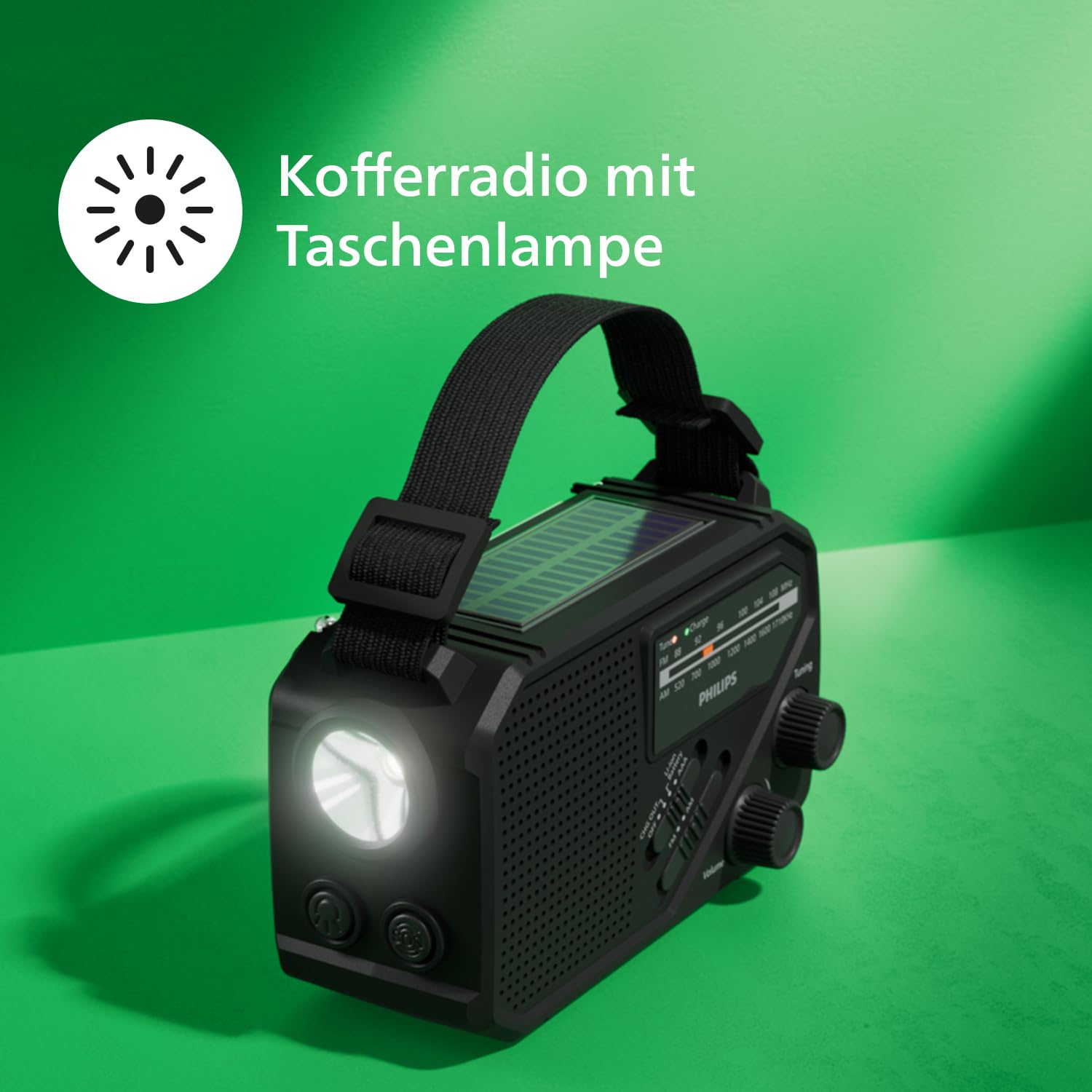 Philips TAR1609 FM/AM-Kofferradio mit internem aufladbarem Akku, AAA-Batterie und Kurbel für Reservestrom, Solarzelle, integrierte LED-Leuchte und Taschenlampe zum Zelten, Wandern und bei Stromausfall