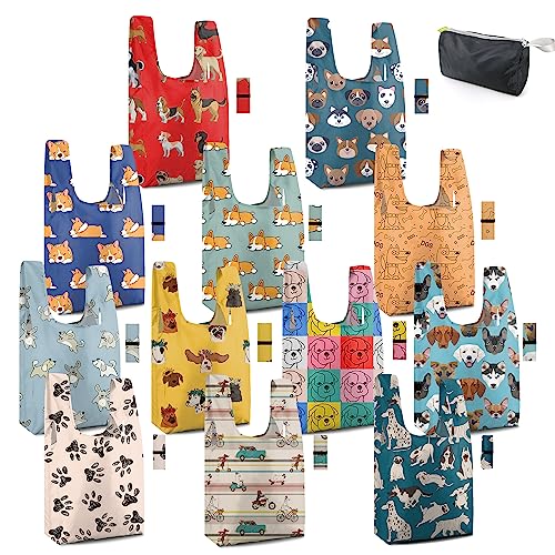 BeeGreen Dog Tote Bag Large Tote Gifts for Women 12 Pack Foldable Grocery Bags Bulk Reusable Shopping Bags for Groceries Heavy Duty Holiday Bags with Handles Washable Nylon Cloth Gift Bags