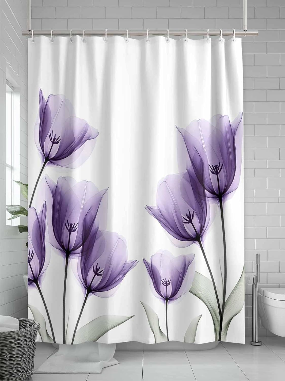 X-ray Tulip Shower Curtain Purple Flower Spring Plant Summer Shower Curtains for Bathroom Polyester Waterproof Fabric Cloth Bath Curtains with Hooks Home Bathtub Decor 36x78 Inch