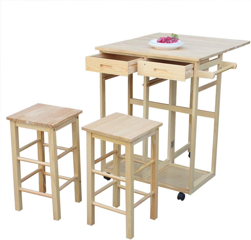 Kitchen Island with Seating Table,Solid Wood Small Kitchen Table with Rolling Casters,Dining Table Set with Folding Drop Leaf 2 Drawers, Small Kitchen Table Set for 2 Square Stools