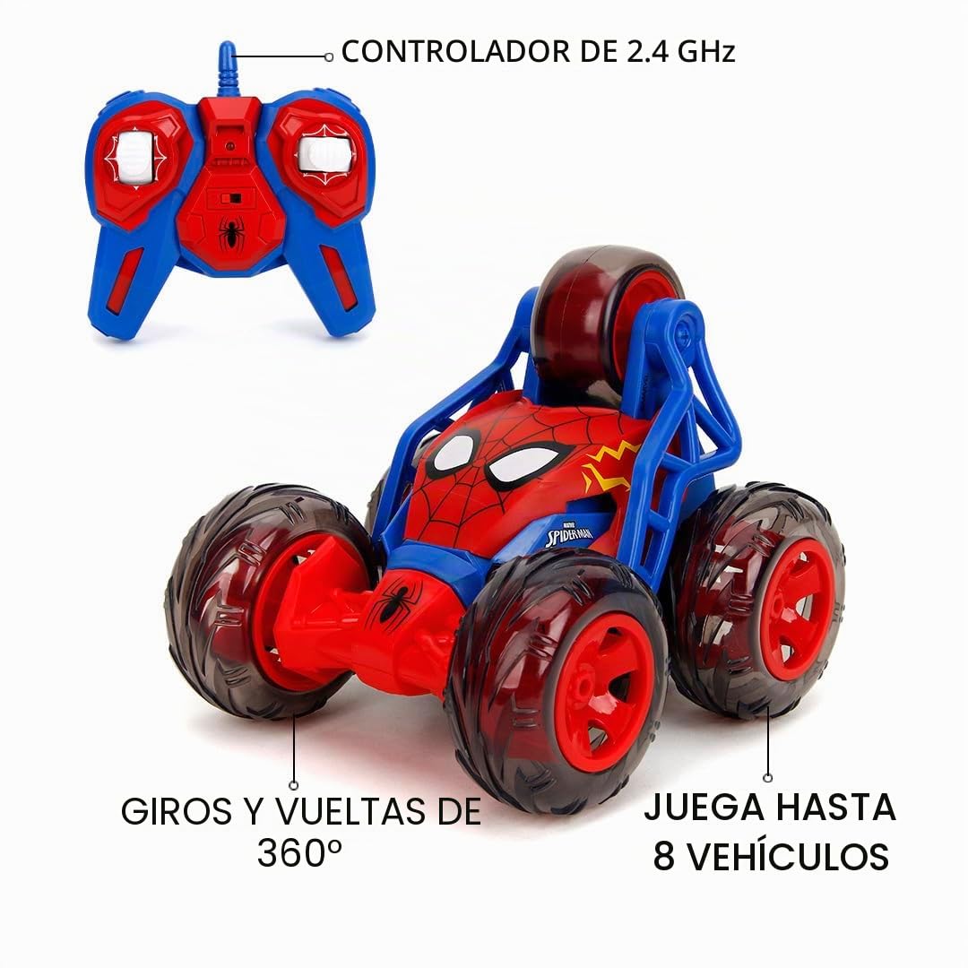 Jada Toys Coche teledirigido de Spider-Man (20 cm) - Coche teledirigido con 5 ruedas para deriva de pie y acción de 360°, Marvel juguete para niños a partir de 5 años, con luz, incluye batería y pilas