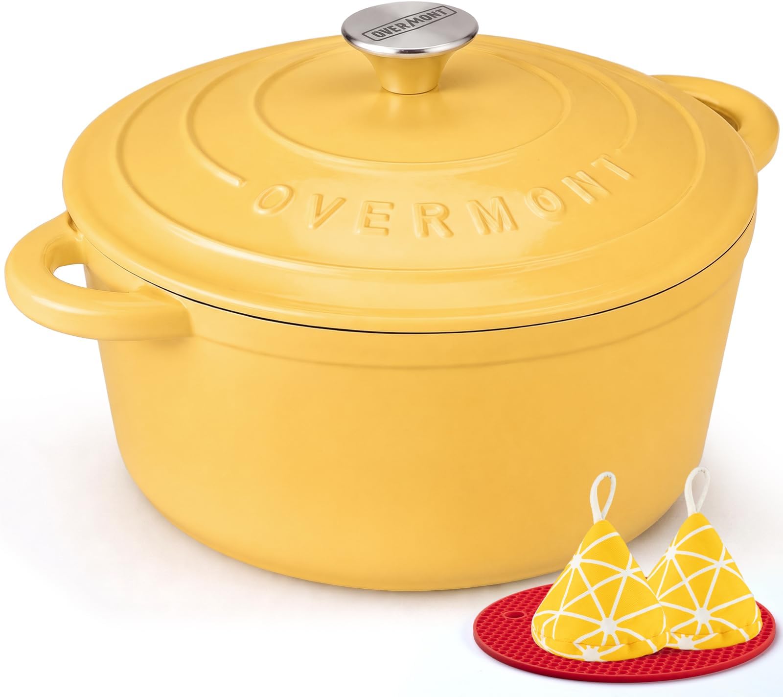 Overmont Enameled Cast Iron Dutch Oven - 5.5QT Pot with Lid Cookbook & Cotton Potholders - Heavy-Duty Cookware for Braising, Stews, Roasting, Sourdough Baking Goose Yellow