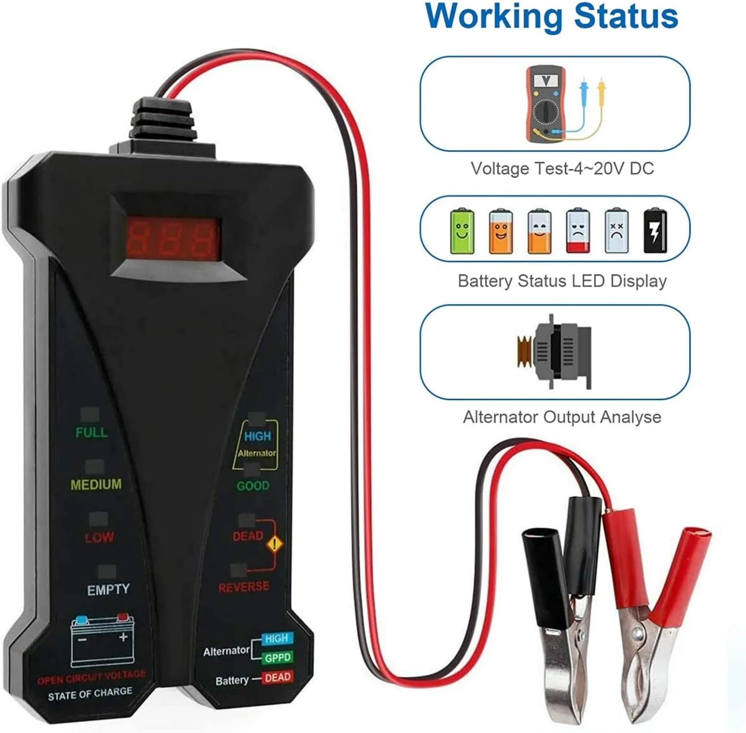 J805 Charging System Analyzer, 12V Digital Car Battery Tester for Car Truck Motorcycle SUV ATV RV and Boat