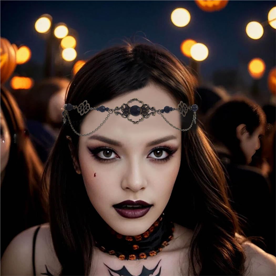 Tgirls Black Head Chain Halloween Crystal Headpieces Boho Forehead Chain for Women (Bronze-1, One Size) image 5