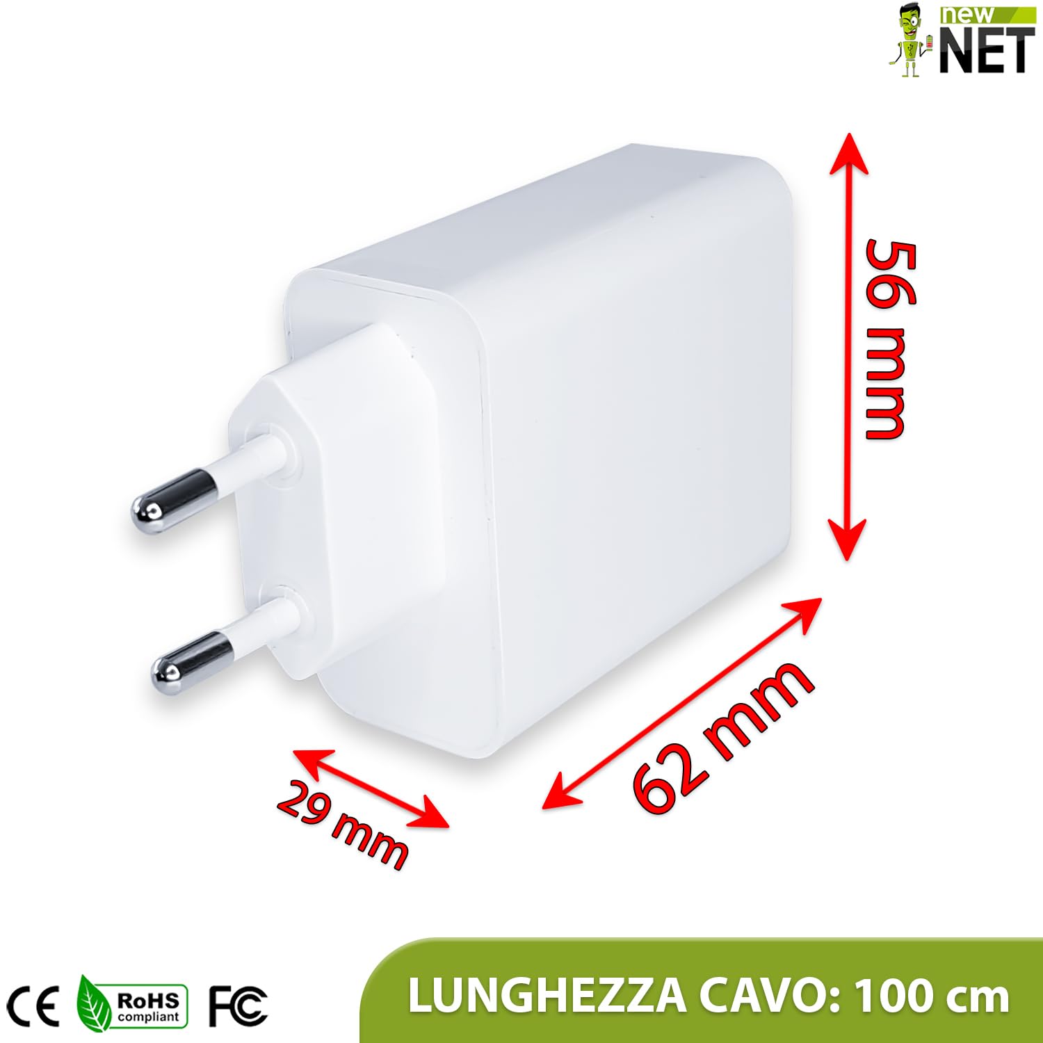 New Net - Alimentatore USB-C 61W compatibile con Huawei, per smartphone, tablet, auricolari, wearables, design slim portatile universale compatto