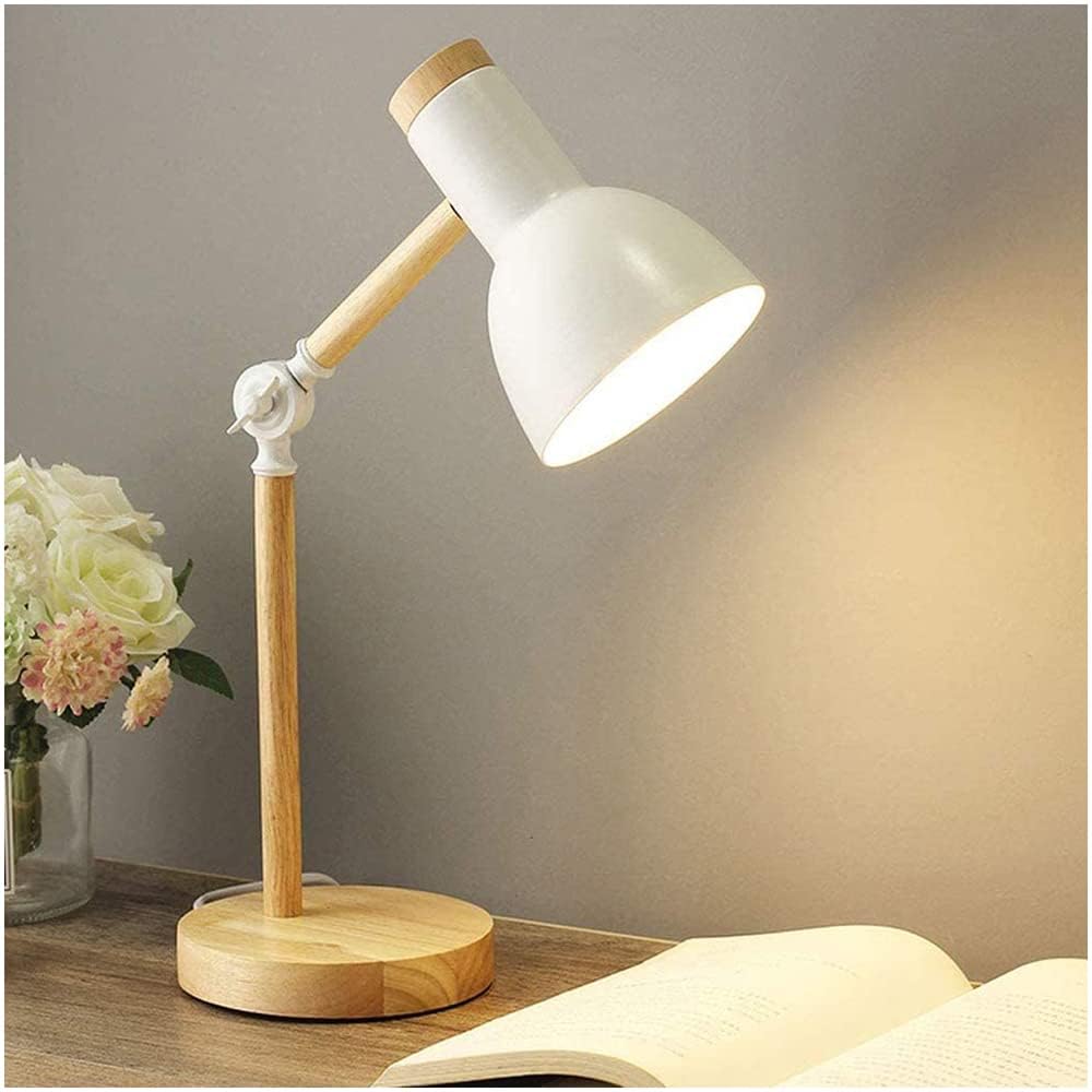 LIMIOFAQ Lámpara de mesita de Noche, lámpara de Escritorio de Madera Moderna con Pantalla de Metal Lámpara de mesita de Noche Ajustable para Oficina, Sala de Estudio, Dormitorio,Blanca