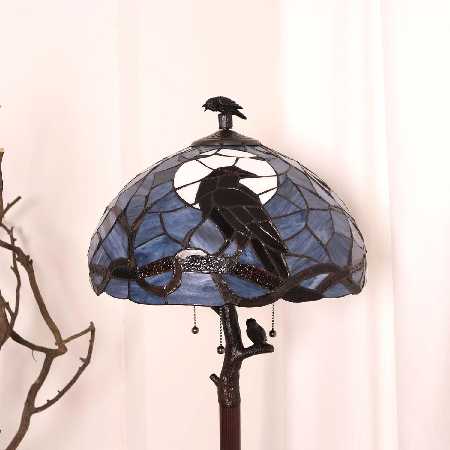 Bieye L12023 Tiffany Style Stained Glass Raven Floor Lamp Gothic Crow and Full Moon Design for Home Décor, 16Wx62H