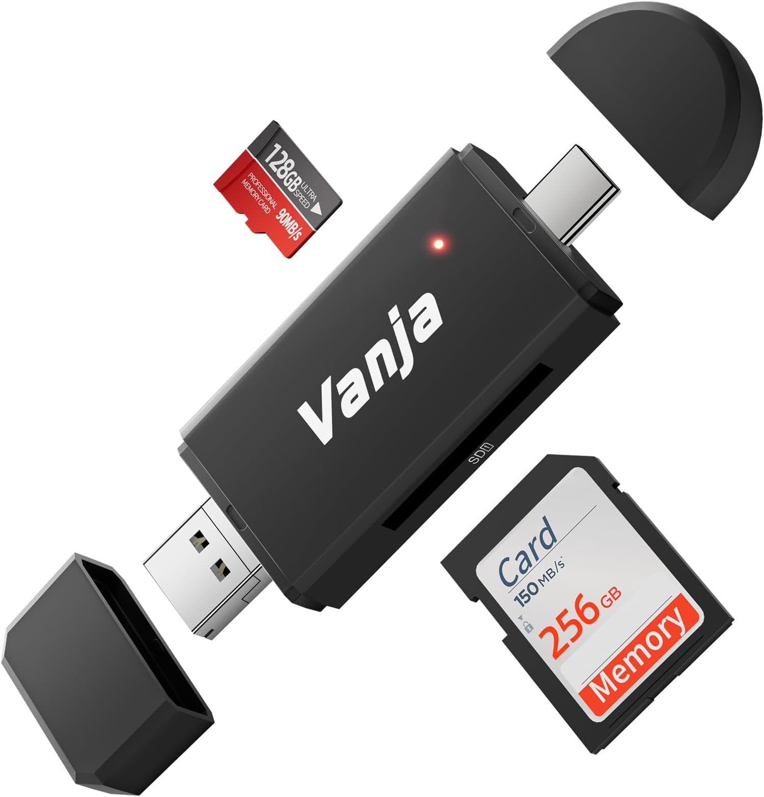 Vanja 3-in-1 SD Card Reader USB-C/USB-A/Micro USB Portable Memory Card Reader Trail Camera SD Card Adapter for SD, SDXC, SDHC, MMC, RS-MMC, Micro SD, Micro SDXC, Micro SDHC and UHS-I Cards
