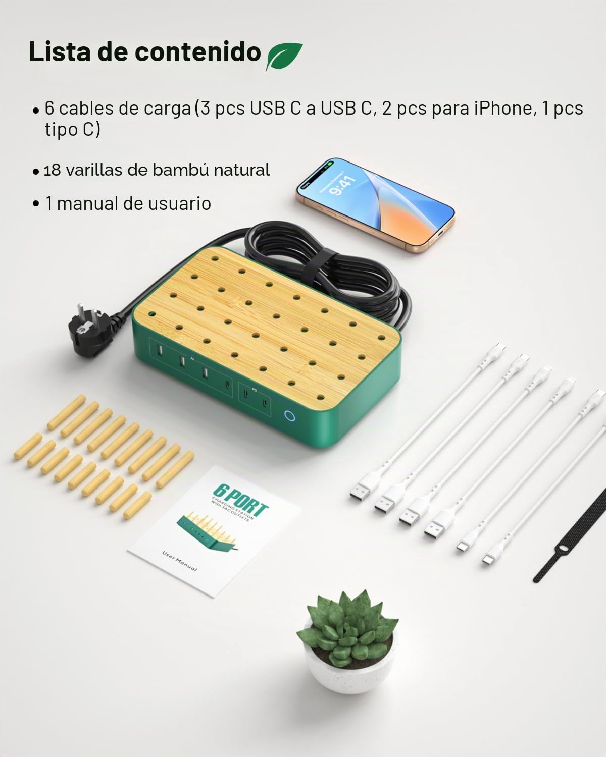 Estación de Carga USB-C de bambú para múltiples Dispositivos,60W, 6 Puertos con 3 Salidas de CA (3 USB C, 3 USBA),Cable de alimentación de 2 m para teléfono, lPad y Tableta(6 Cables incluidos),Verde