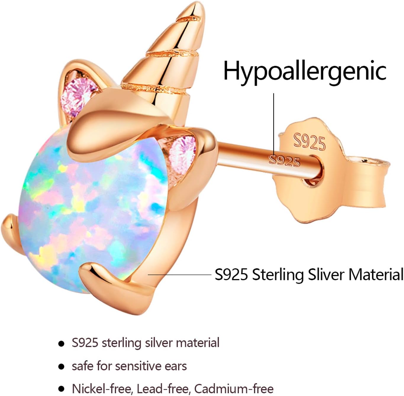 Unicorn Earrings for Girls, Hypoallergenic S925 Sterling Silver Earrings for Kids ARSKRO Small Tiny Cute Fire Opal Stud Earrings Jewelry Gifts for Sensitive Ears Little Toddlers Teen Girl - Image 4