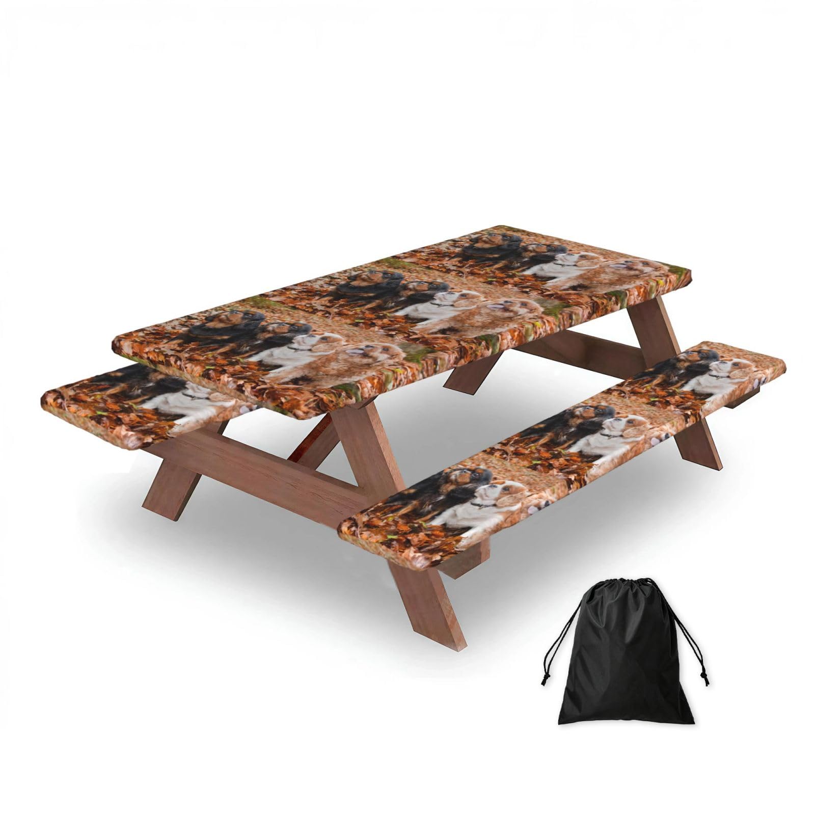 Cavalier King Charles Spaniel Autumn Puppies, Picnic Table Cover With Bench Covers -Waterproof Elastic Fitted Tablecloth for Garden Camping Patio 76x152cm