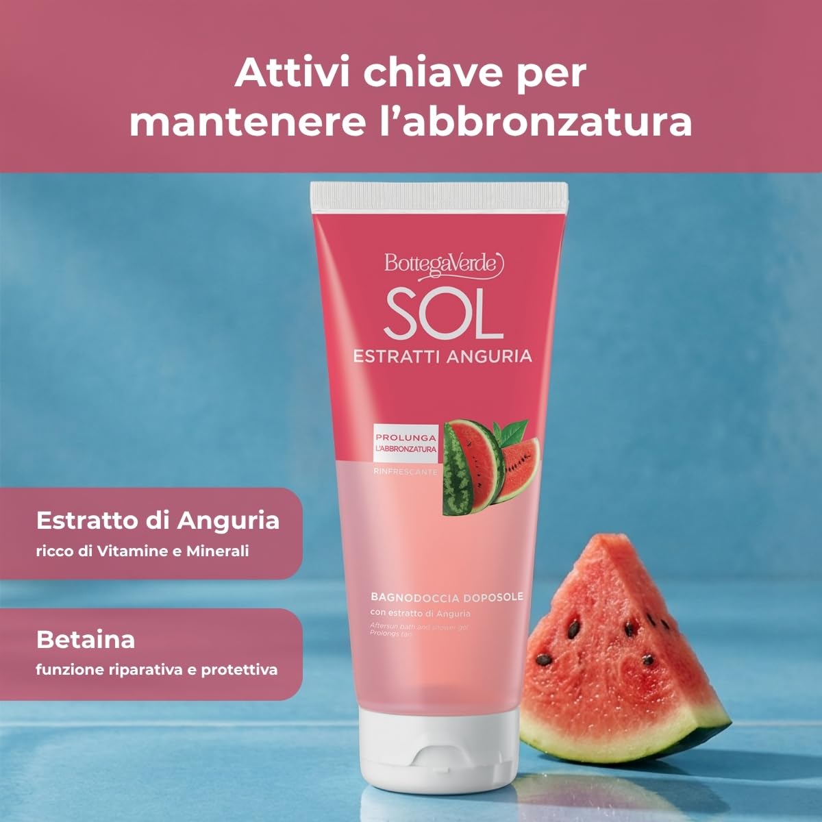 Bottega Verde - SOL Estratti Anguria, Bagnodoccia Doposole, 200 ml, Prolunga l'Abbronzatura, con Estratto di Anguria, Azione Rinfrescante, per Tutti i Tipi di Pelle