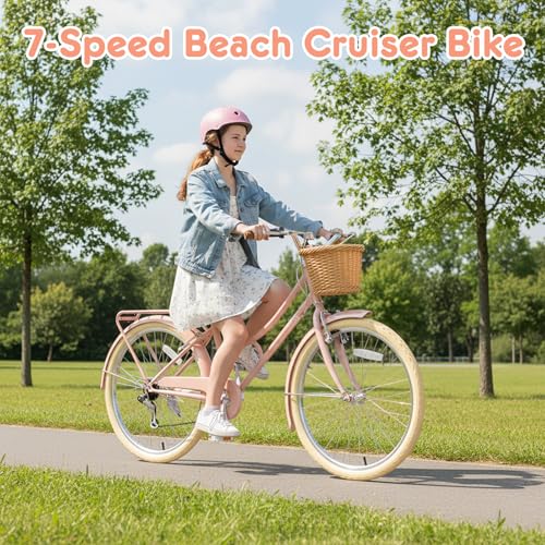 Image of XJD 20 24 26 Inch Girls Bike, 7-Speed Beach Cruiser Bike for Girls Youth and Over 6 Years Old, Kids Bicycles with Dual V-Brakes Rear Rack & Wicker Basket