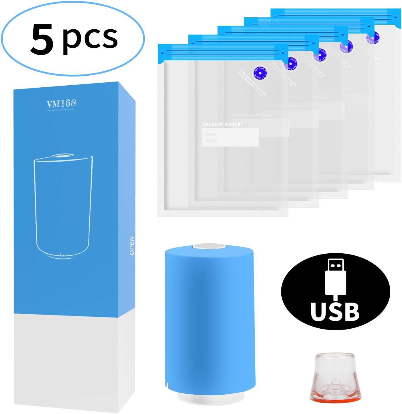 VMSTR Sous Vide Bags Kit with Mini USB Vacuum Electric Pump Reusable Food Vacuum Storage Bags（5Pcs） (Blue)