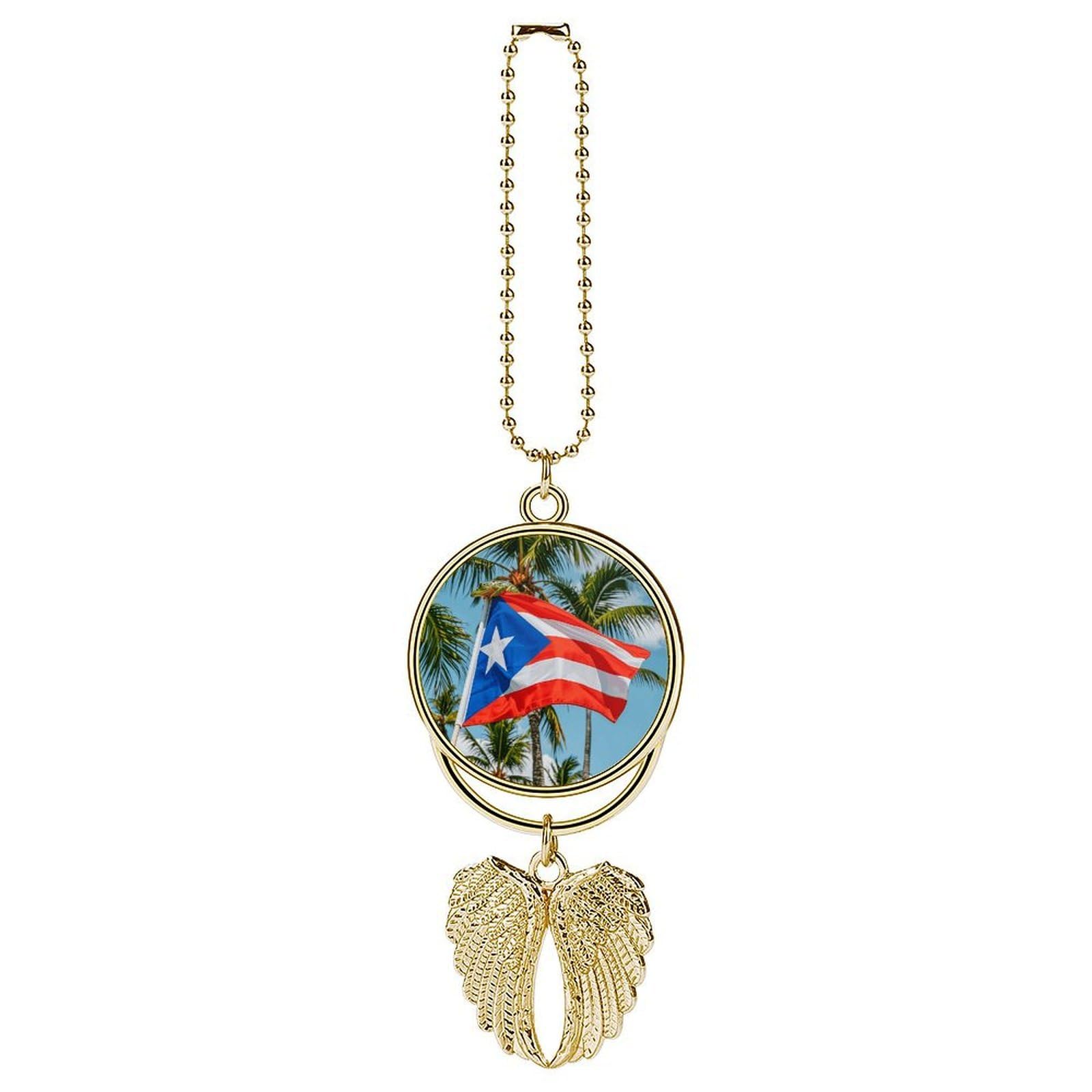 Puerto Rico Flags Frog Palm Trees Guardian Angel Wing Car Ornament for Mirror, Zinc Alloy Hanging Charm with Spiritual Design for Protection, Rearview Mirror Accessory Decor Gift for Women Men(golden)