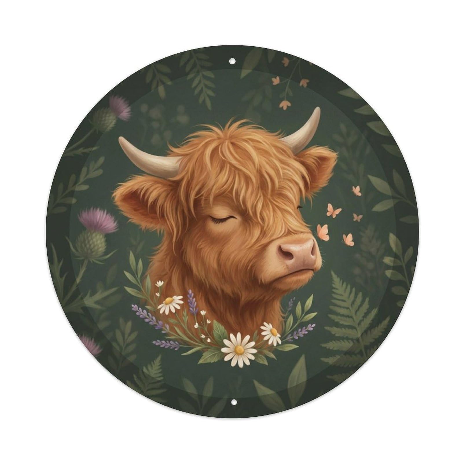 Highland Calf Wildflower Butterfly Rustic Farm Animal Cute Metal Tin Sign Plaque Wall Decor for Cafe, Man Cave, Club Bar, Office, Home Garden Round Metal Poster 8x8Inch