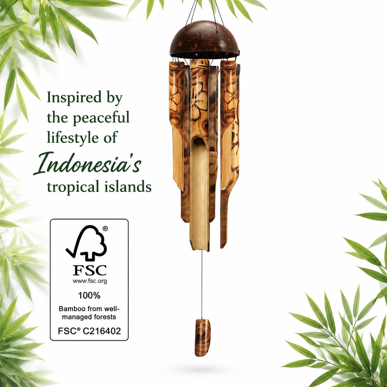 ASTARIN Bambus-Windspiel für draußen, handgefertigtes Windspiel aus Holz für draußen mit Kokoskrone, florales gebranntes Design, Bambus-Windspiele für Garten, Hof, Zuhause (111,8 cm)