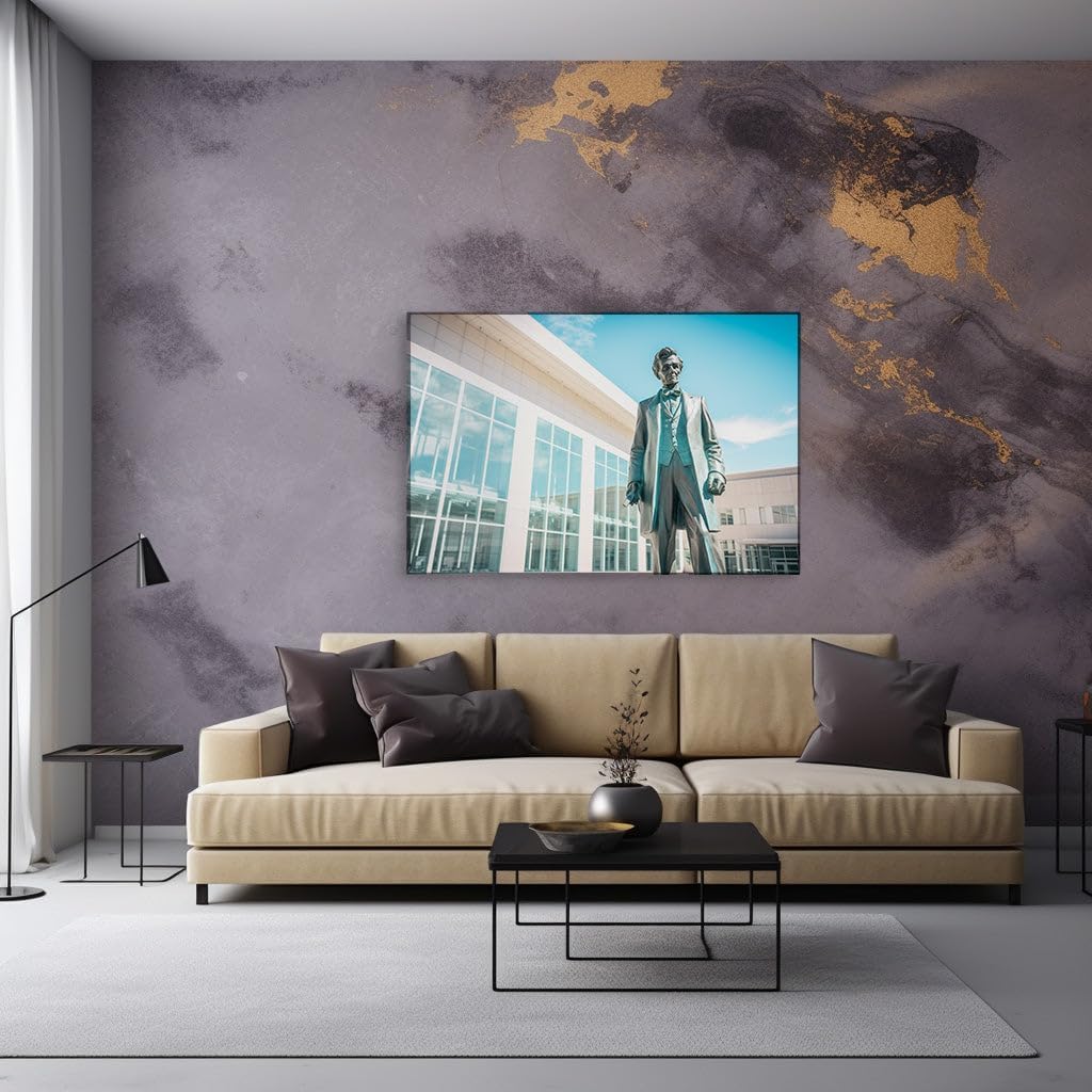 Canvas for Living room. Abraham Lincoln's Bronze Likeness: Standing Tall Against Modernity, 27 x 18 inch Canvas Wall Art - Modern Home Decor