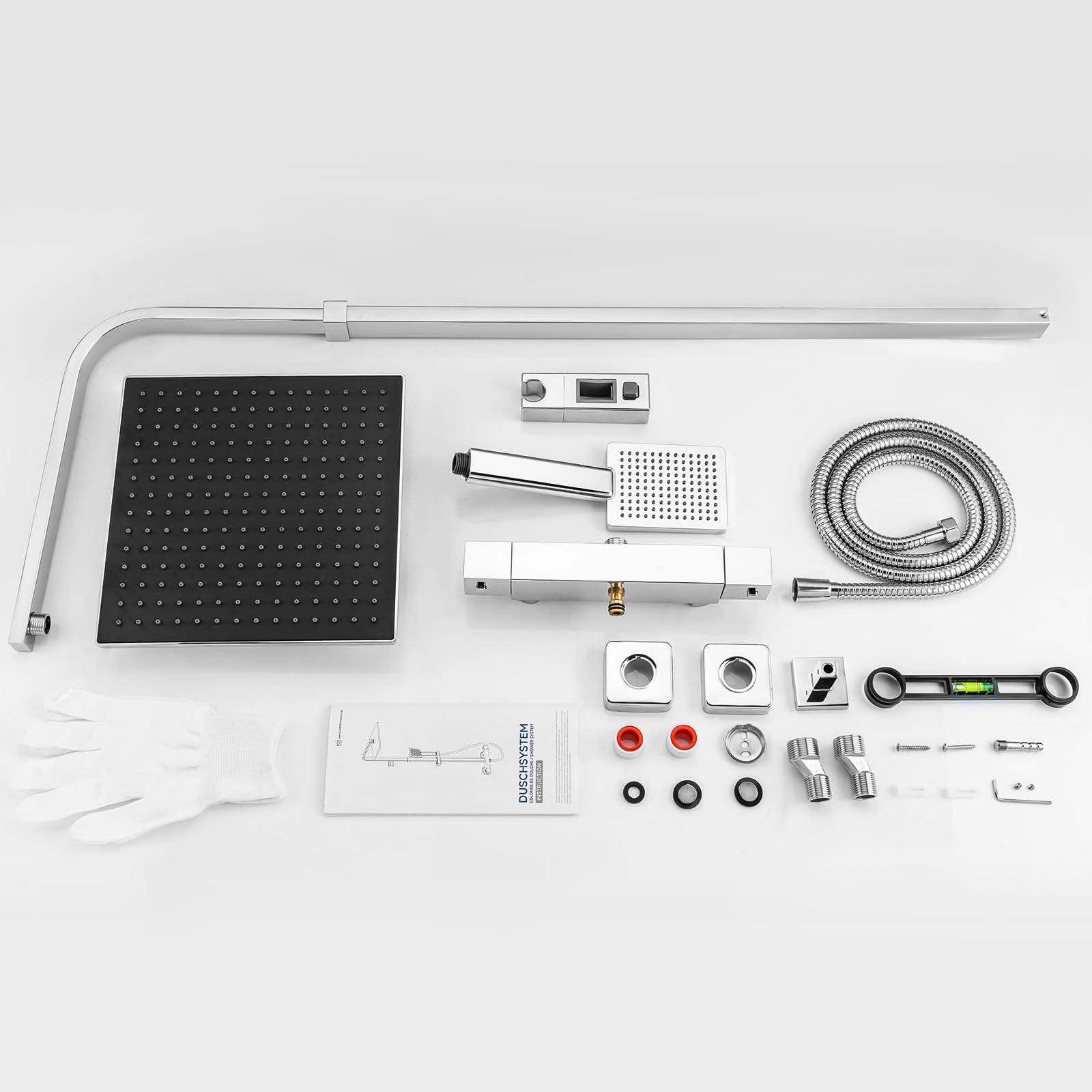 Auralum Colonna Doccia con Miscelatore Termostatico, Miscelatore Doccia con Saliscendi Doccia in Acciaio Inox Altezza Regolabile 97-130cm, Asta Doccia con Soffione Doccia Quadrato 25cmx25cm e Doccetta