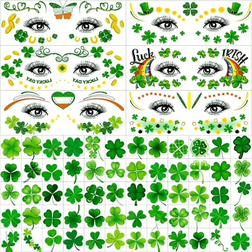 Hotoyannia 120+ PCS Glitter St Patrick's Day Face Tattoos Stickers, Two Sizes Glitter Body Jewelry Lucky Shamrock Clover Tattoos, St. Patrick's Day Accessories Temporary Tattoos for Irish Party