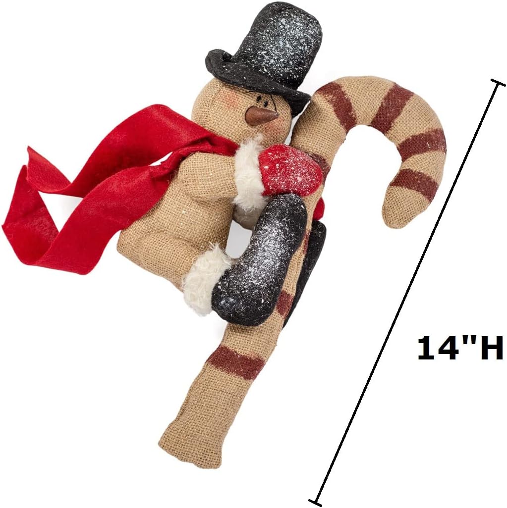 Factory Direct Craft Rustic Burlap Snowman and Candy Cane Shelf Sitter for Holiday Decorating and Christmas Gifting