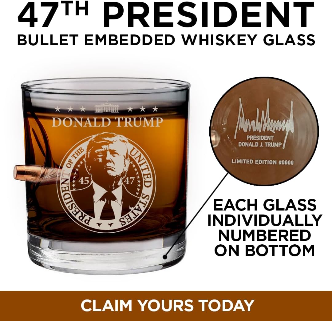 Proud Patriots | Donald Trump .308 Bullet Whiskey Glass (Individually Numbered) | Made in America | Laser Engraved | Perfect Political Gift for Patriotic Americans